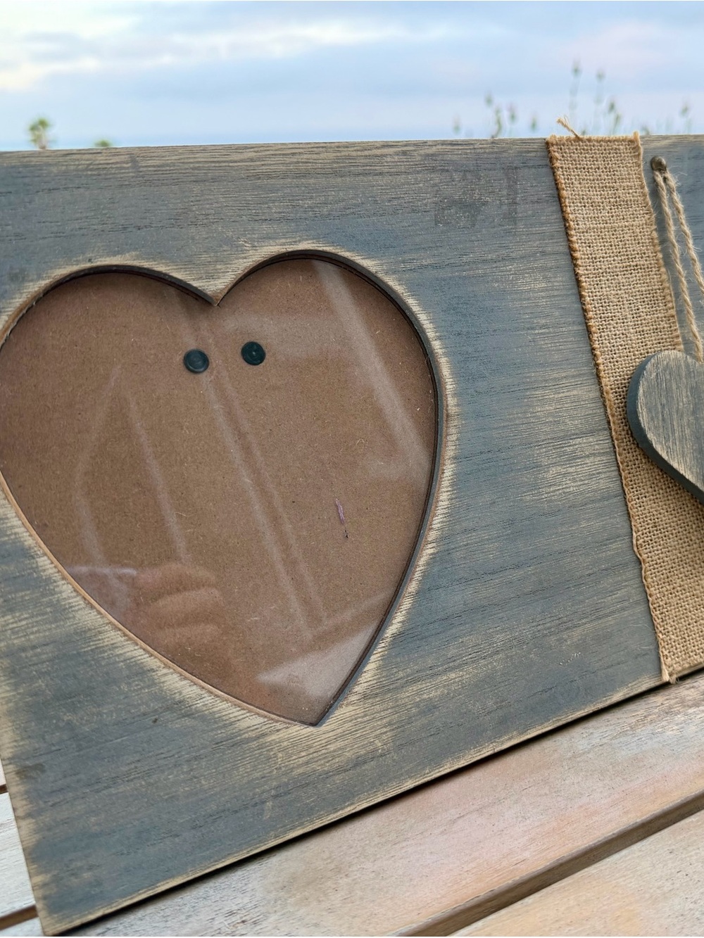 Distressed Gray Heart Photo Frame with Burlap Accent - Unbranded